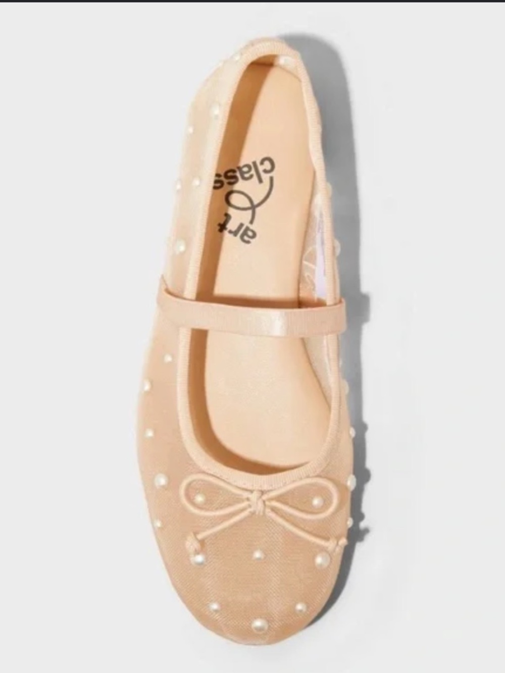 art class Girls Peach-Beige Pearl Mesh Mary Jane Ballet Flats